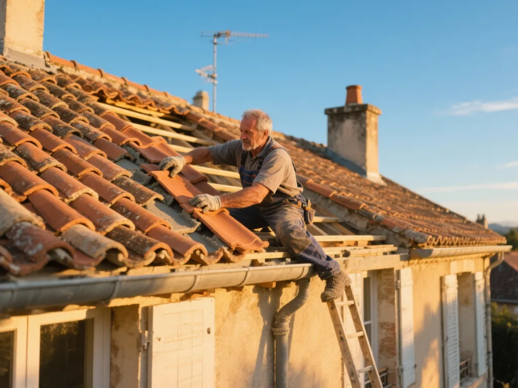 Couvreur professionnel posant des tuiles terre cuite sous une lumière dorée du matin