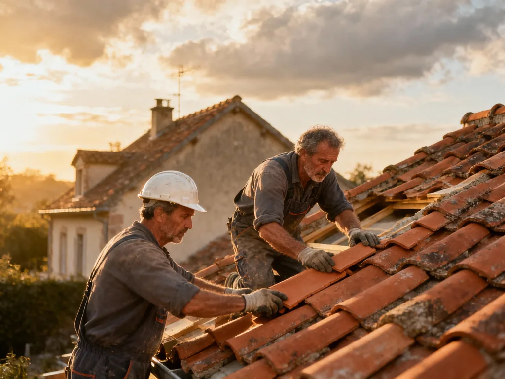 Couvreur professionnel posant des tuiles terre cuite sous une lumière dorée du matin