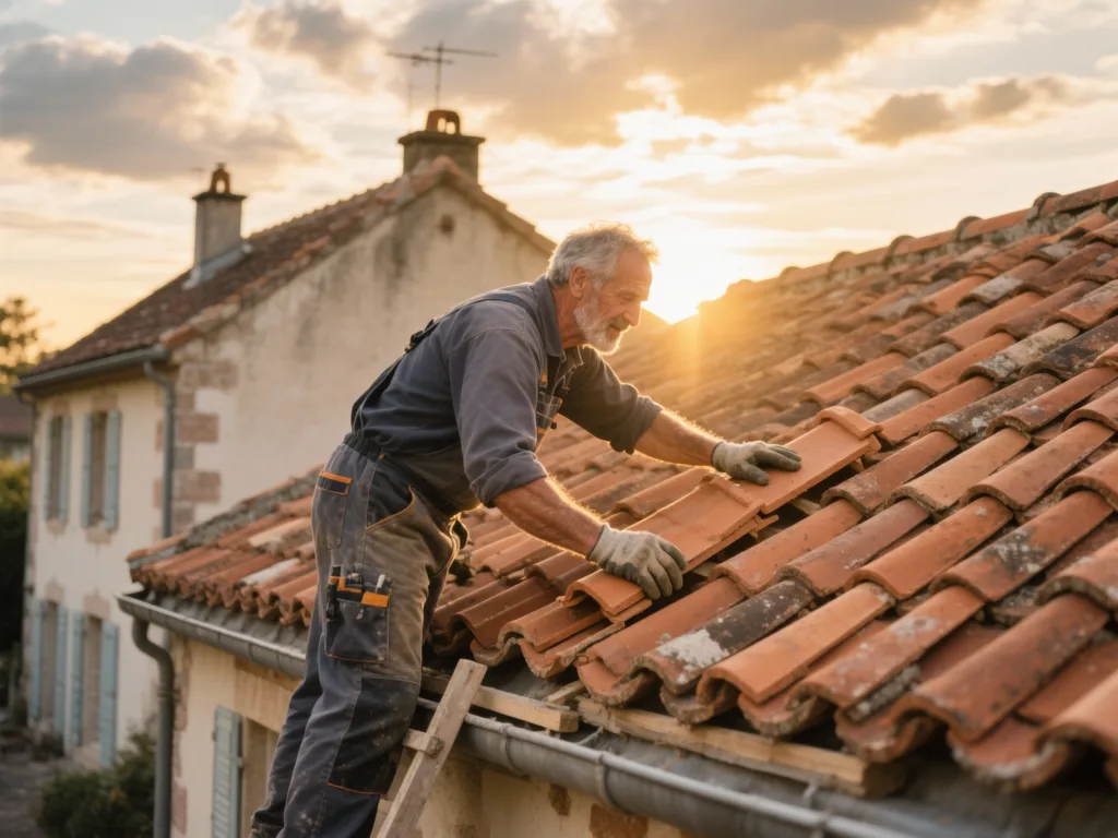 Couvreur professionnel posant des tuiles terre cuite sous une lumière dorée du matin