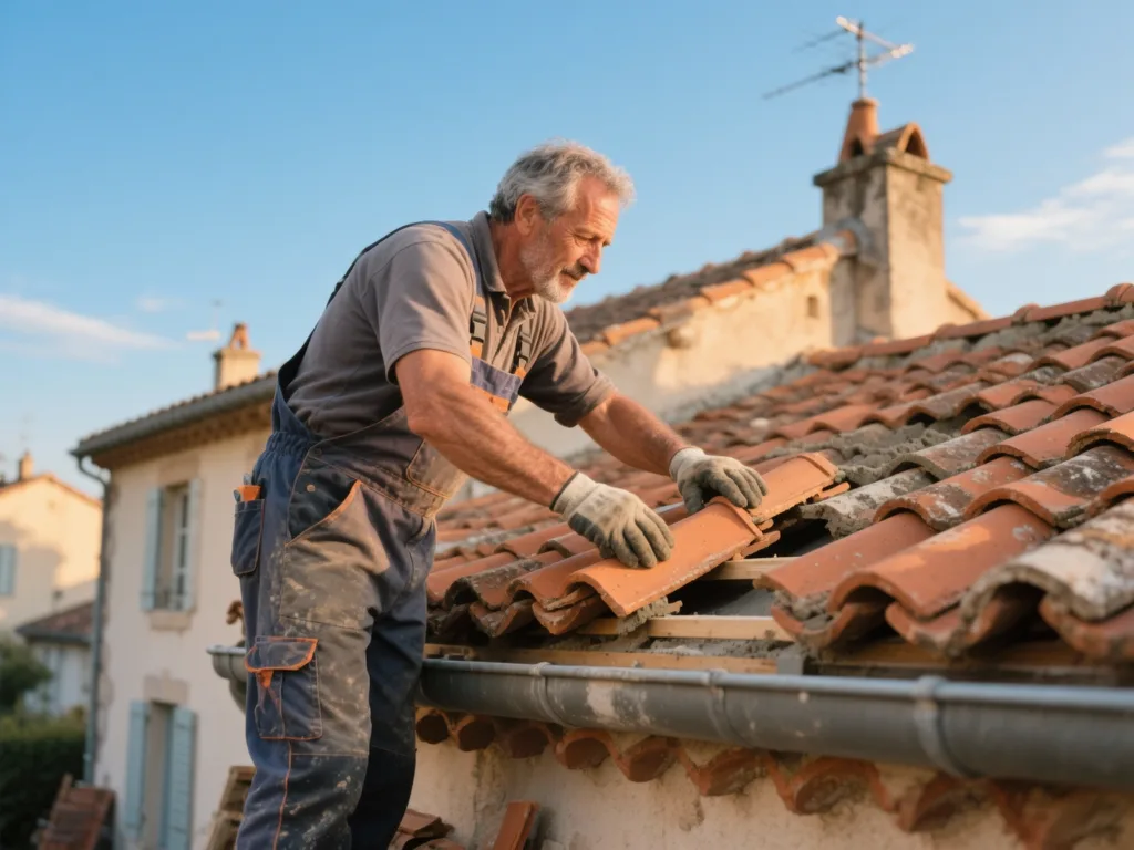 Couvreur professionnel posant des tuiles terre cuite sous une lumière douce de fin de journée