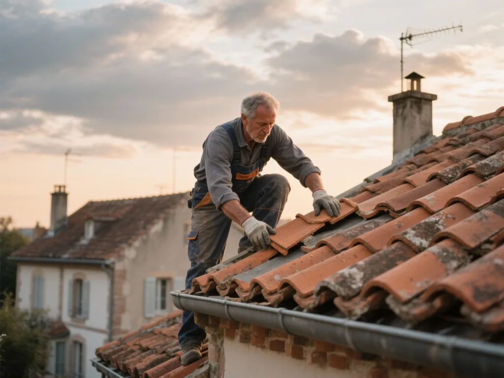 Couvreur professionnel posant des tuiles terre cuite sous une lumière douce de fin de journée