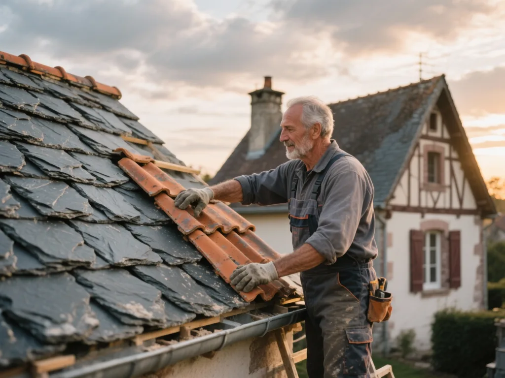 Couvreur professionnel posant des ardoise sous une lumière douce de fin de journée