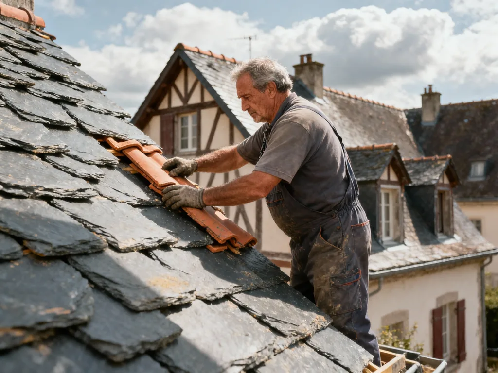 Couvreur professionnel posant des ardoise sous une lumière naturelle de midi