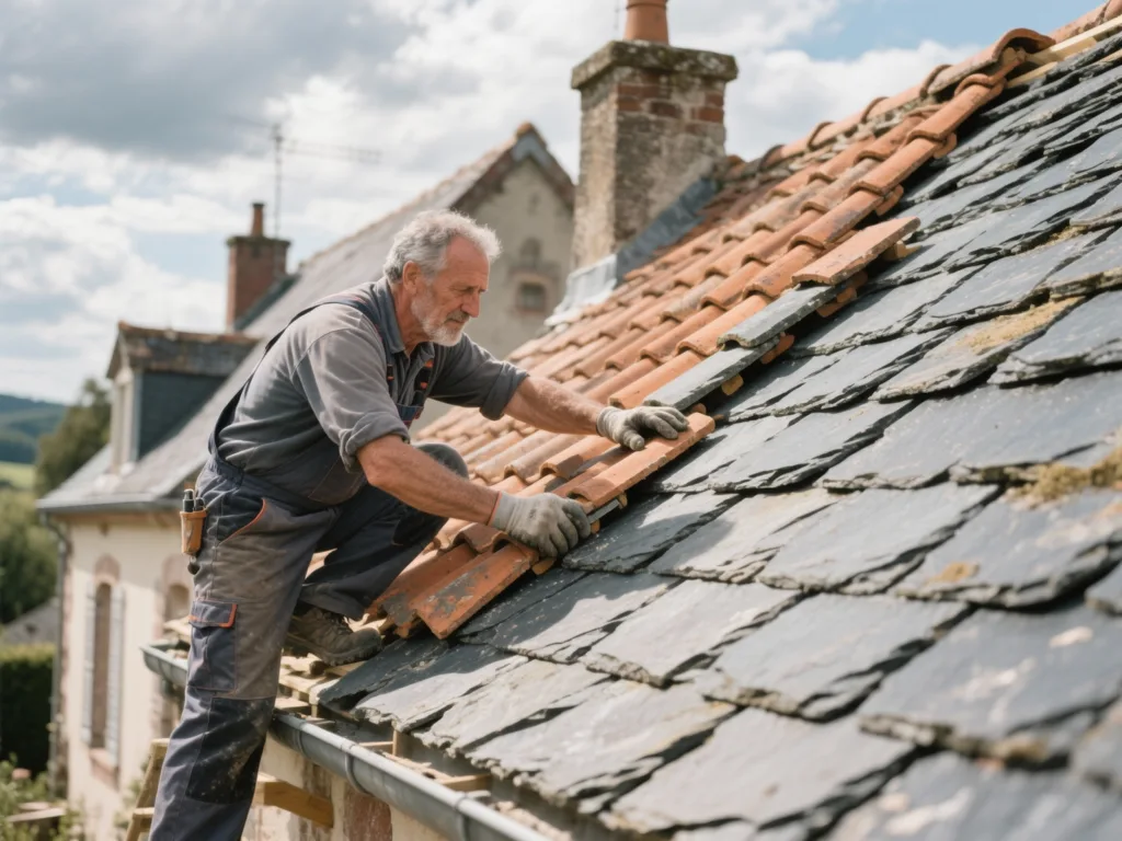 Couvreur professionnel posant des ardoise sous une lumière naturelle de midi