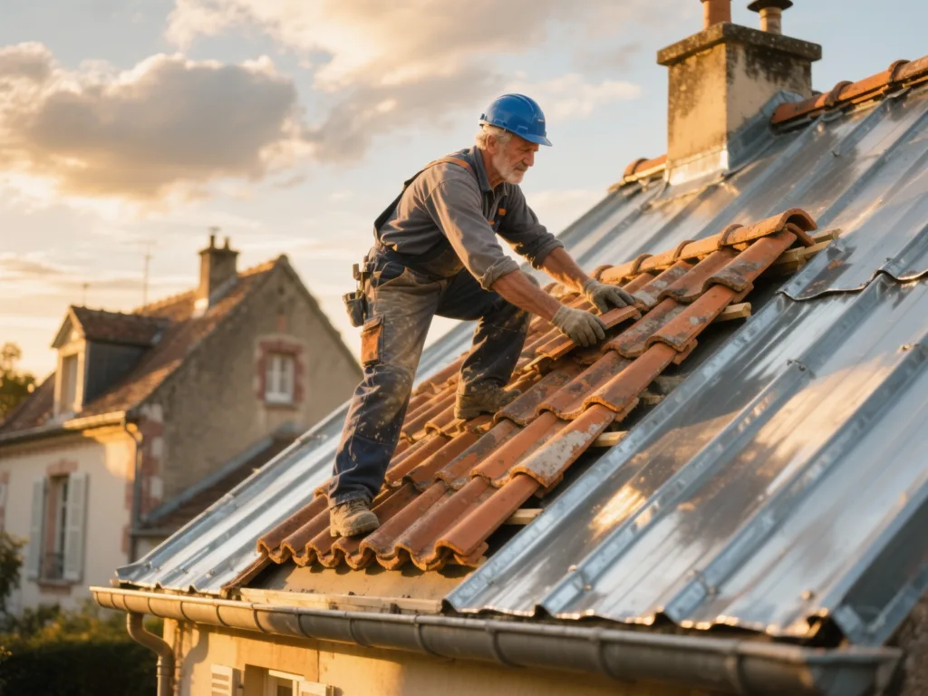 Couvreur professionnel posant des zinc sous une lumière dorée du matin