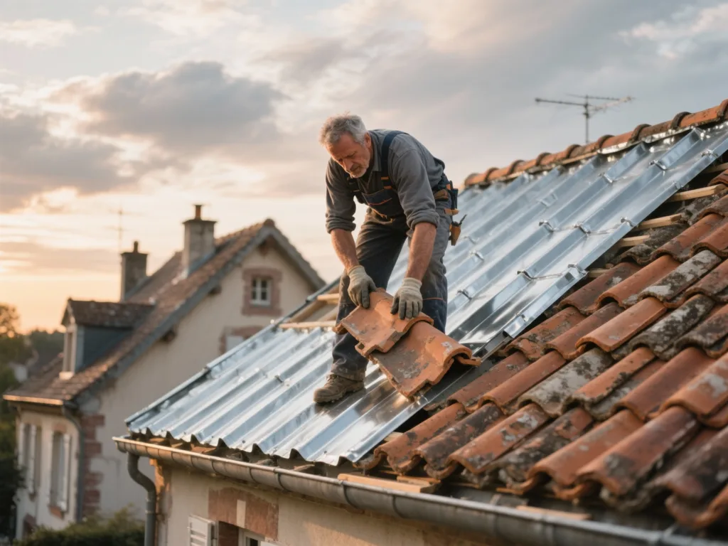 Couvreur professionnel posant des zinc sous une lumière douce de fin de journée