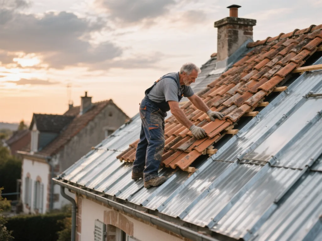 Couvreur professionnel posant des zinc sous une lumière douce de fin de journée