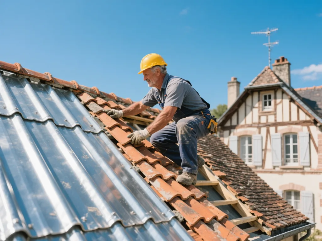 Couvreur professionnel posant des zinc sous une lumière naturelle de midi