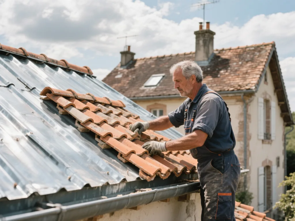Couvreur professionnel posant des zinc sous une lumière naturelle de midi