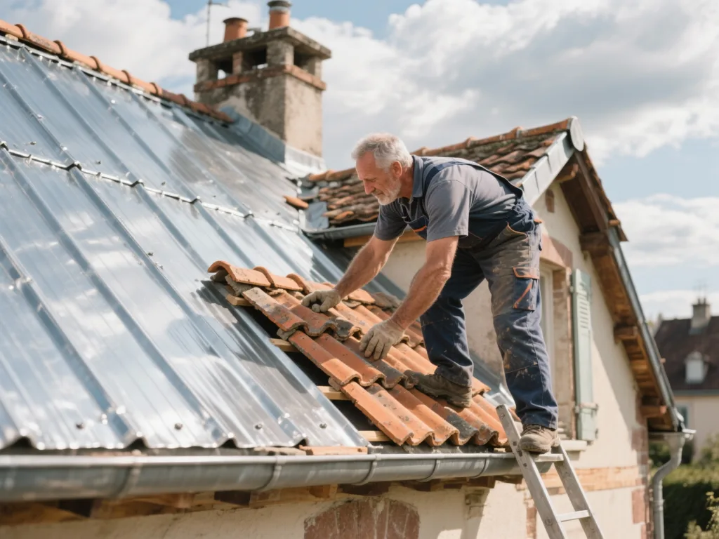 Couvreur professionnel posant des zinc sous une lumière naturelle de midi