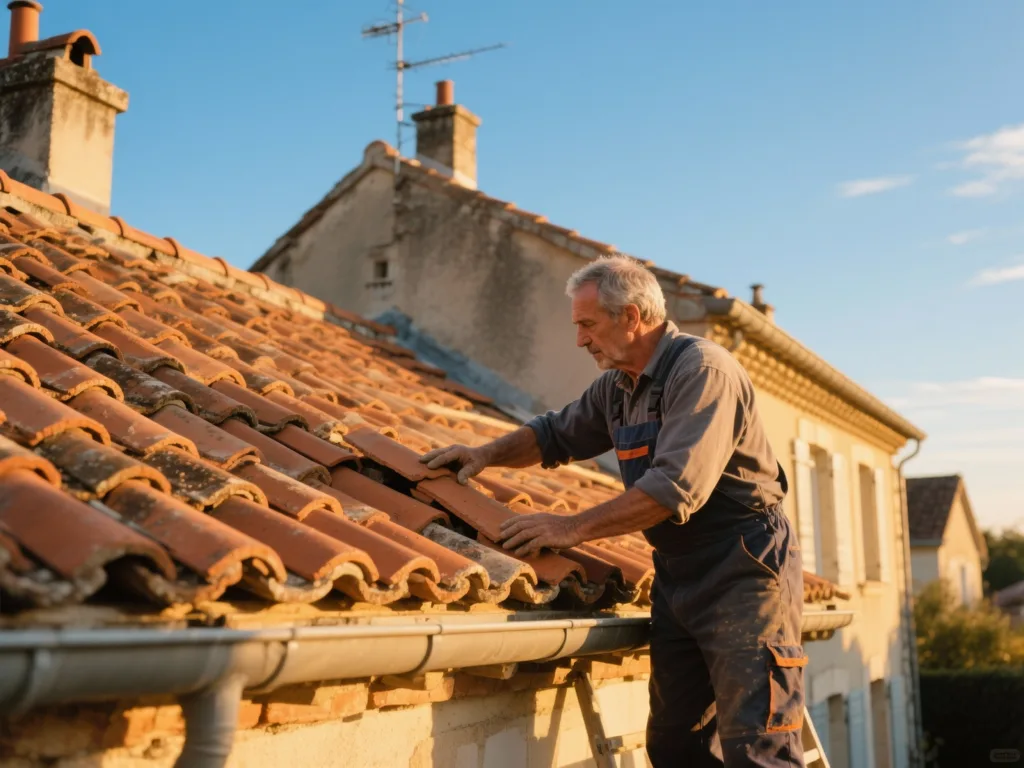 Couvreur professionnel posant des tuiles terre cuite sous une lumière dorée du matin