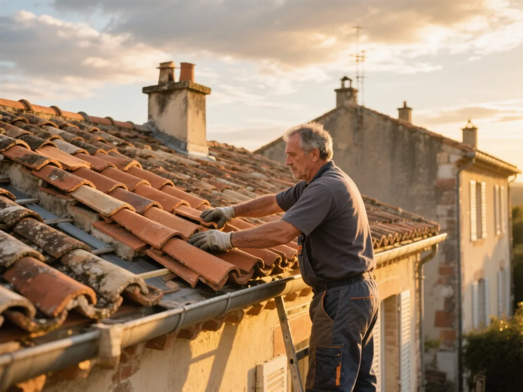 Couvreur professionnel posant des tuiles terre cuite sous une lumière dorée du matin