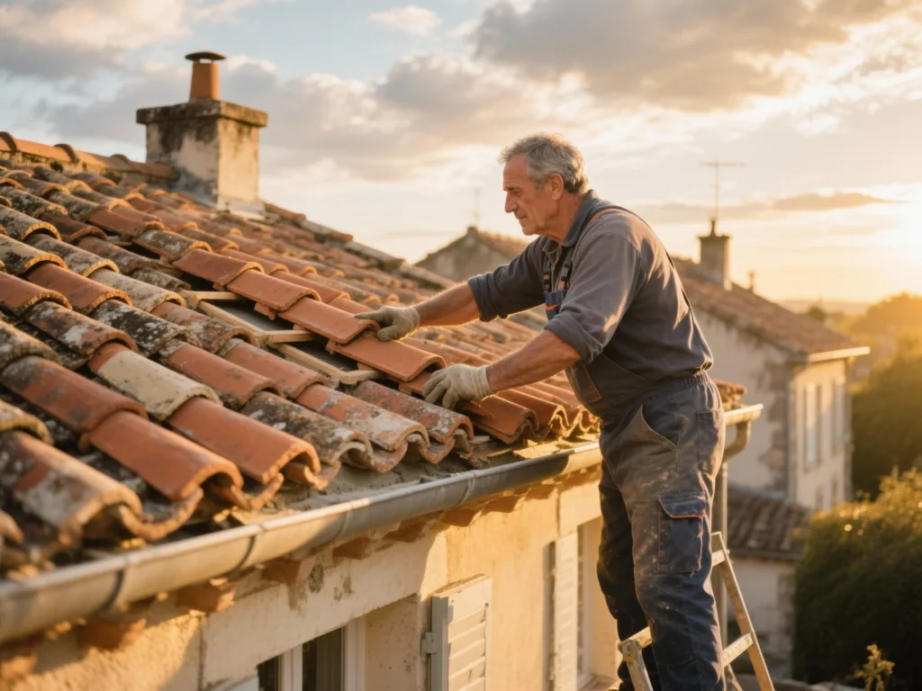 Couvreur professionnel posant des tuiles terre cuite sous une lumière dorée du matin