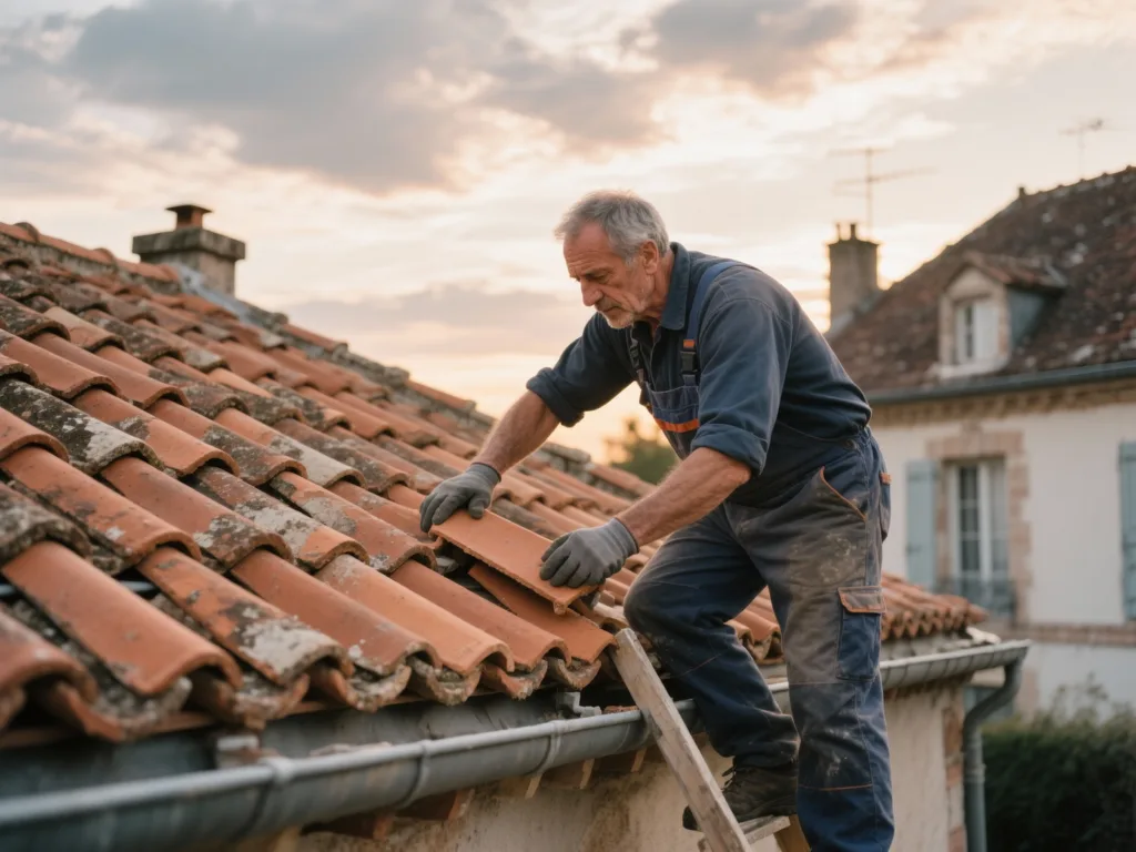 Couvreur professionnel posant des tuiles terre cuite sous une lumière douce de fin de journée