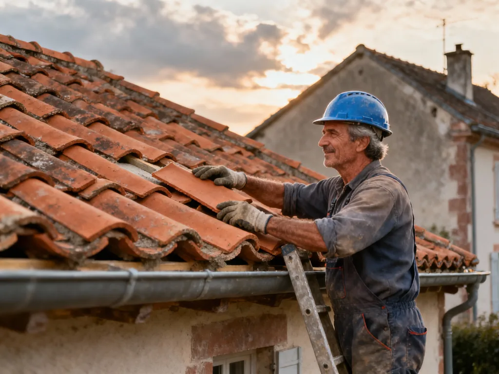 Couvreur professionnel posant des tuiles terre cuite sous une lumière douce de fin de journée