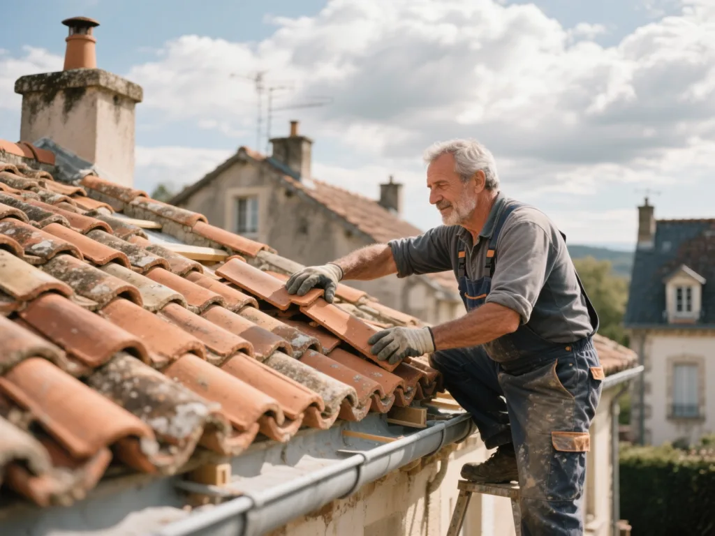 Couvreur professionnel posant des tuiles terre cuite sous une lumière naturelle de midi