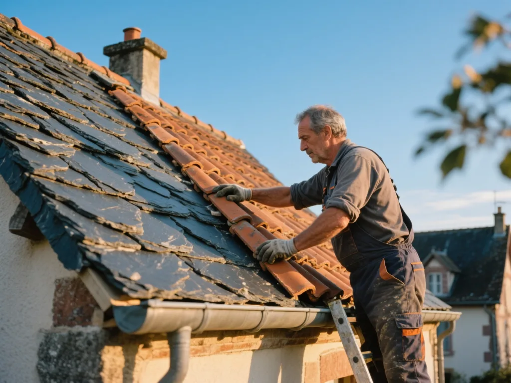 Couvreur professionnel posant des ardoise sous une lumière douce de fin de journée