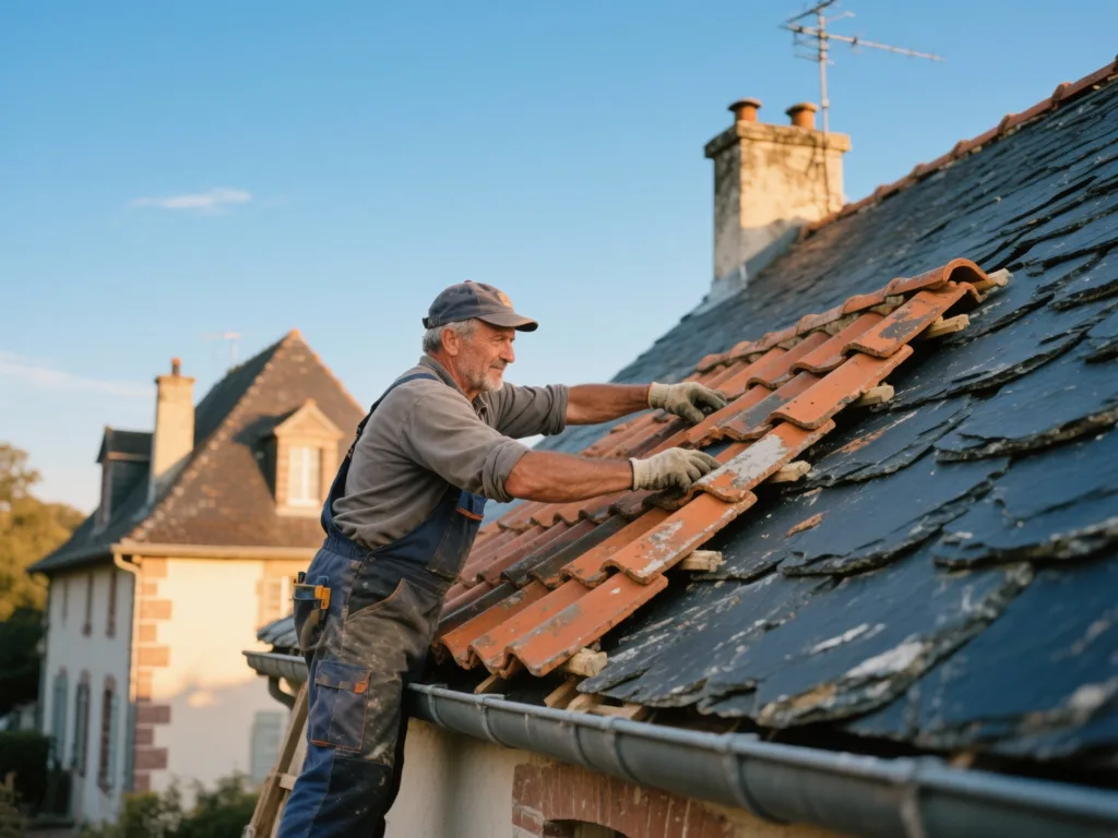Couvreur professionnel posant des ardoise sous une lumière douce de fin de journée