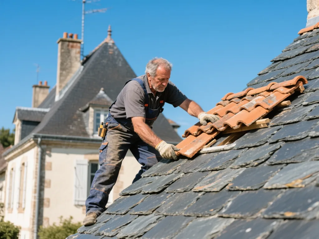 Couvreur professionnel posant des ardoise sous une lumière naturelle de midi