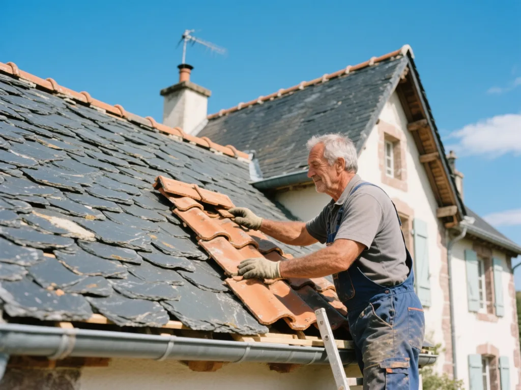 Couvreur professionnel posant des ardoise sous une lumière naturelle de midi